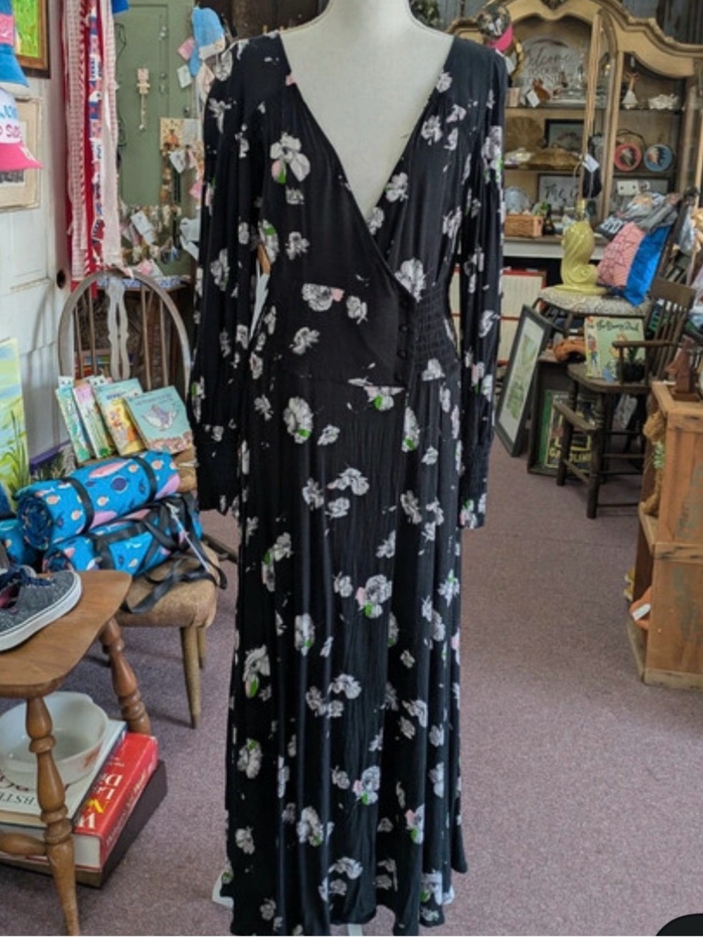 Free People Black Floral V-Neck Fall Wrap Dress